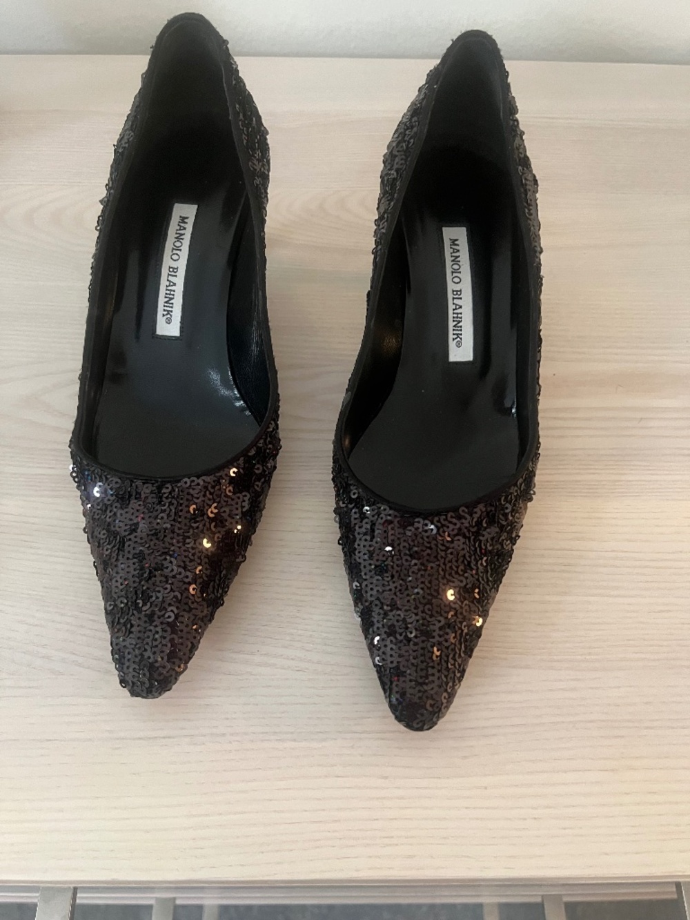 Manolo Blahnik Low-Heel Black Sequin Dress Shoes
